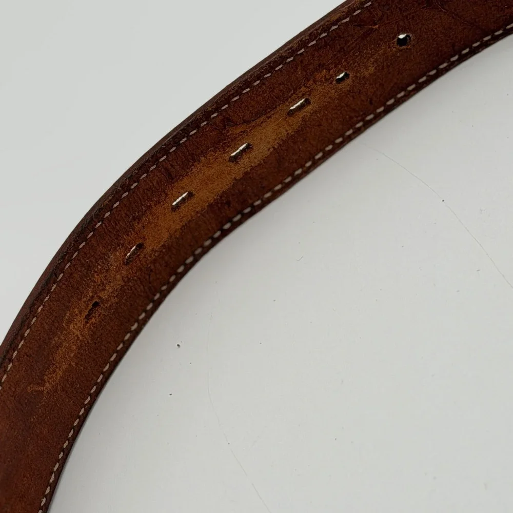 Vintage Hugo Boss Brown Leather Western Ranger Belt Silver Engraved Hardware 85